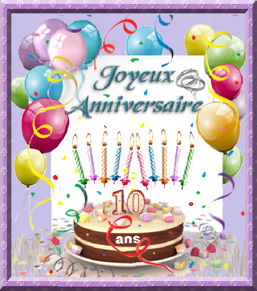 Joyeux anniversaire. 10 ans ( ballons, gâteau, bougies).