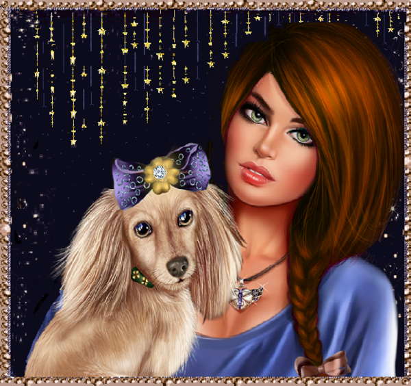 Fille cheveux auburn et son petit teckel/ déco boules