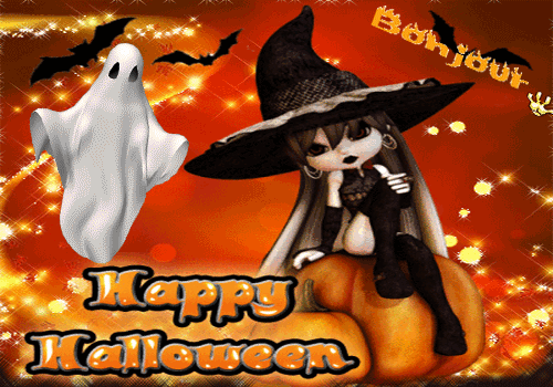 Sorcière et fantôme happy Halloween et Bonjour