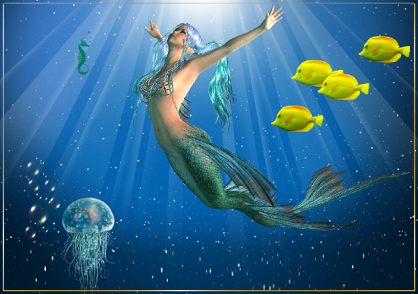 Sirène remontant à la surface , poissons et méduse