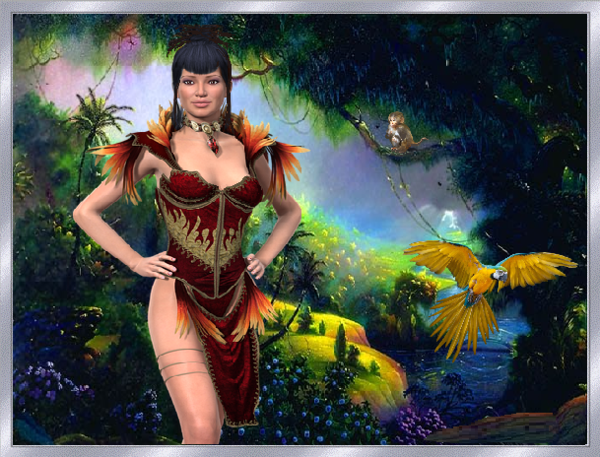 Indigène, paysage exotique, perroquet et singe