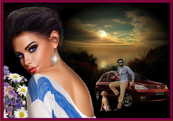 Couple, bouquet champêtre, voiture, chien. 