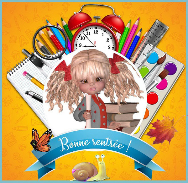 Bonne rentrée/ fillette aux couettes et accessoires d'école