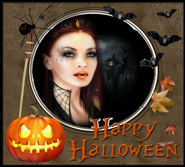 Hapy Halloween: Femme vampire et citrouille, chauve souris.