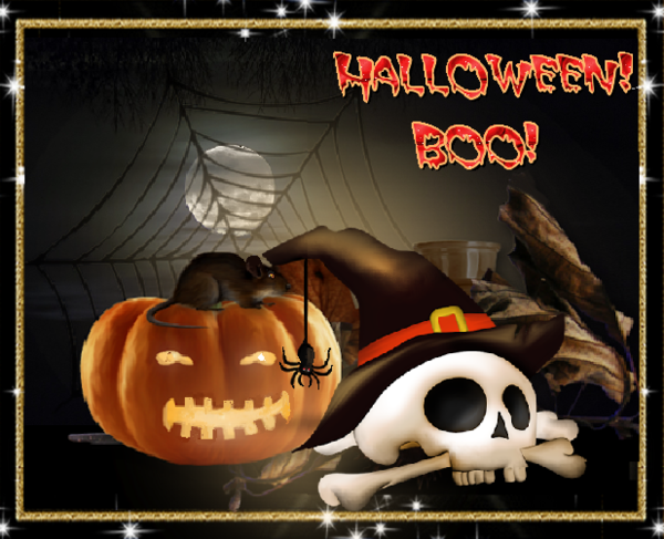 Halloween /Boo , citrouille, tête de mort et os 