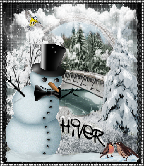 Bonhomme neige en hiver et petits oiseaux