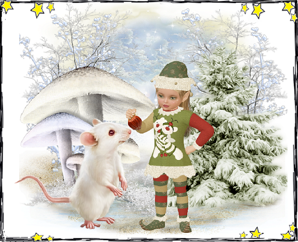 Petite lutine et souris blanche en hiver