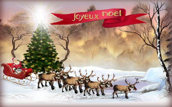 Père Noël et ses rennes rentrant de sa tournée/ Joyeux Noël