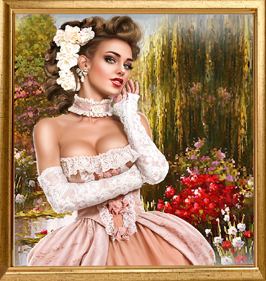 Jeune femme robe marquise, fond parc fleuri