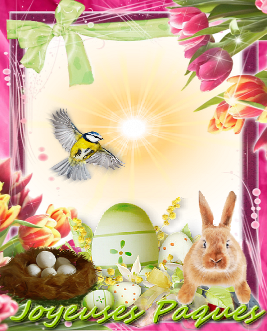 Joyeuses Pâques /Lapin, oeufs, mésange et tulipes