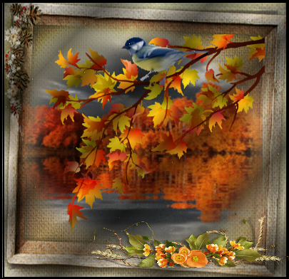 Oiseau devant un lac en automne, cadre bois.