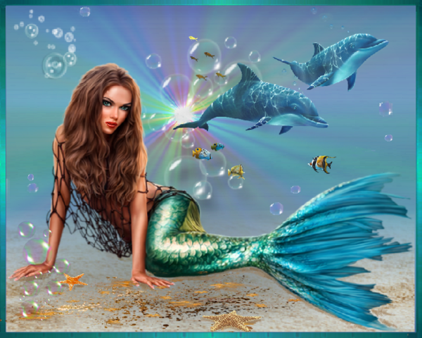 Sirène et dauphins, fond bulles arc en ciel