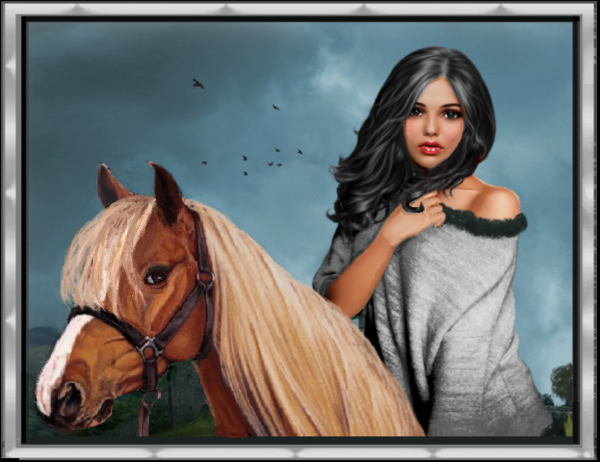 Jeune fille brune et son cheval, temps orageux.