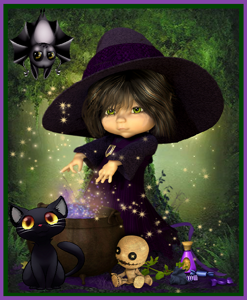 Mignonne sorcière,chat et chauve souris