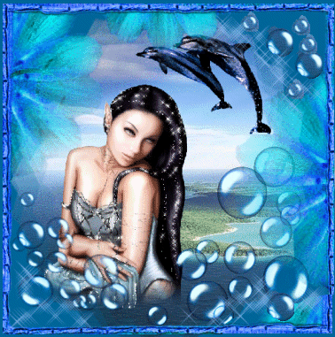 Sirène et dauphin fond bleu et bulles
