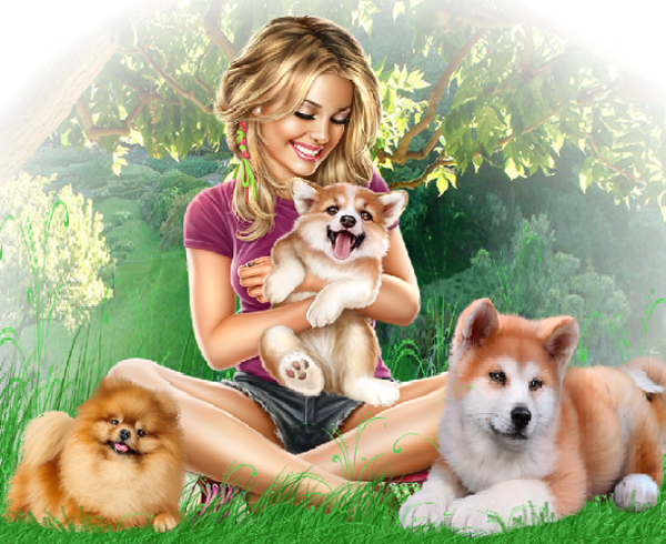 Jeune fille blonde+ ses chiens: Akita, Spitz, chiot Corgi.