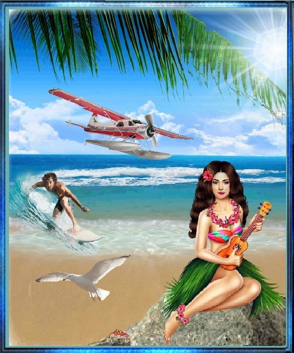 Plage tahitienne, surfer et hydravion.