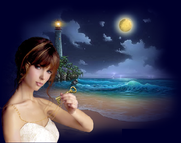Jeune femme à la clef du phare, pleine lune et mer