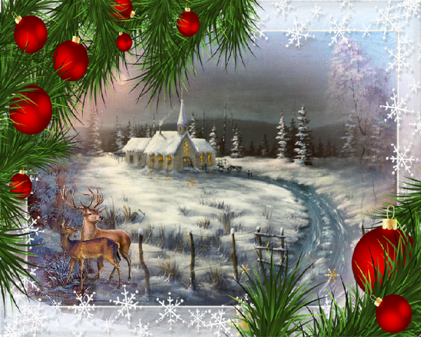 Eglise en hiver, Cerf et biche, déco boules rouges