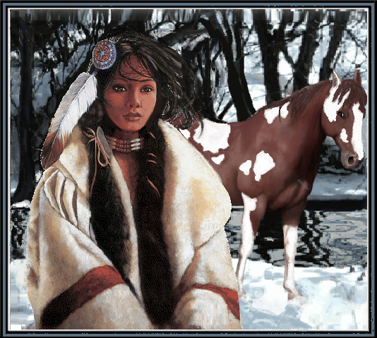 Indienne et son cheval de race Paint Horse, en hiver