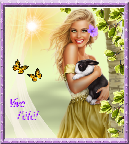 Jeune femme blonde et lapin noir et blanc en été