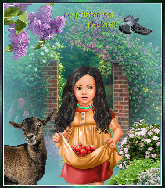 Le printemps j'adore/fillette brune et sa chèvre