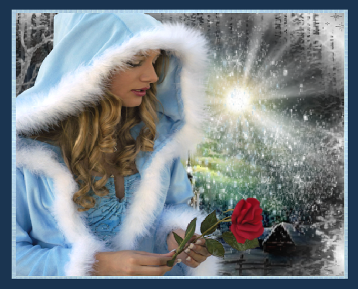 Jeune femme en manteau bleu avec une rose en hiver