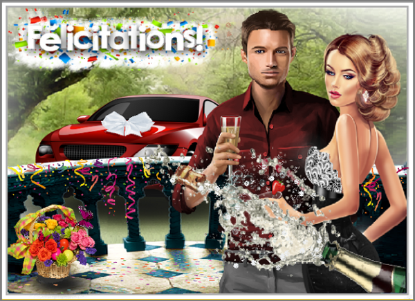 FELICITATIONS/ Couple, champagne, voiture rouge