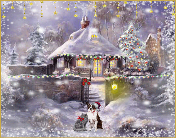 Maison illuminée sous la neige avec chien et chat