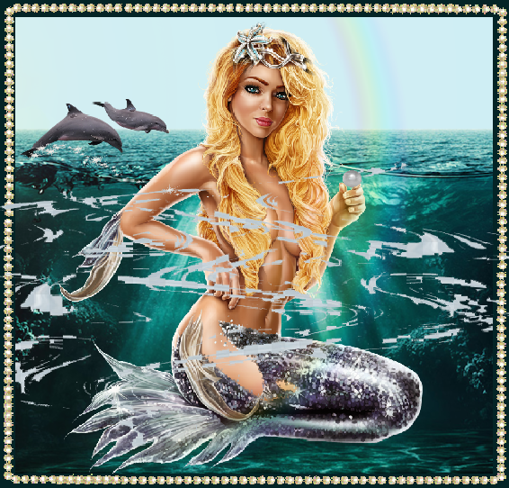 Sirène à la perle et dauphins