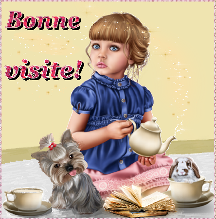 Bonne visite! fillette servant le thé à ses animaux