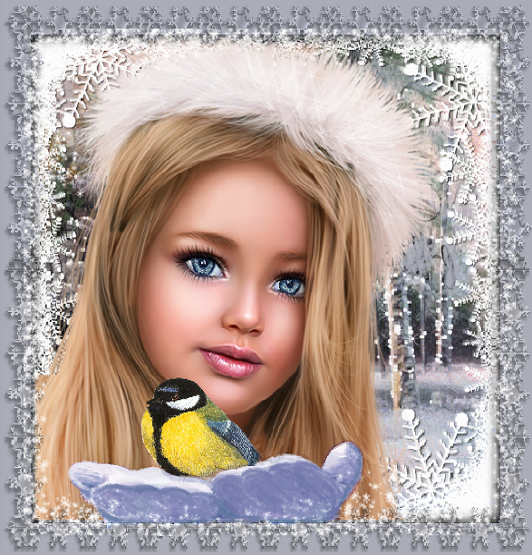 Fillette blonde et mesange en hiver