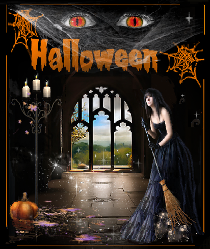 Halloween:  maison hantée, apprentie sorcière balayant.