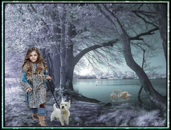 Fillette et son chien , paysage d'hiver.