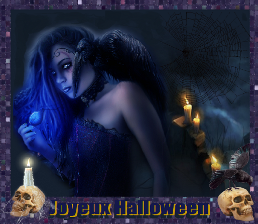 Joyeux Halloween: Femme au vautour, crânes, bougies. 