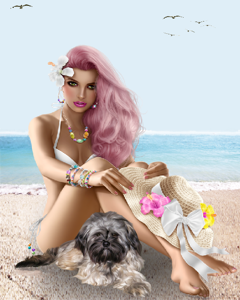 Jeune fille et son chien à la plage