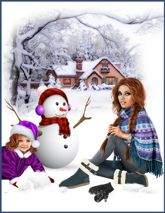 Bonhomme neige , fillette et sa maman.