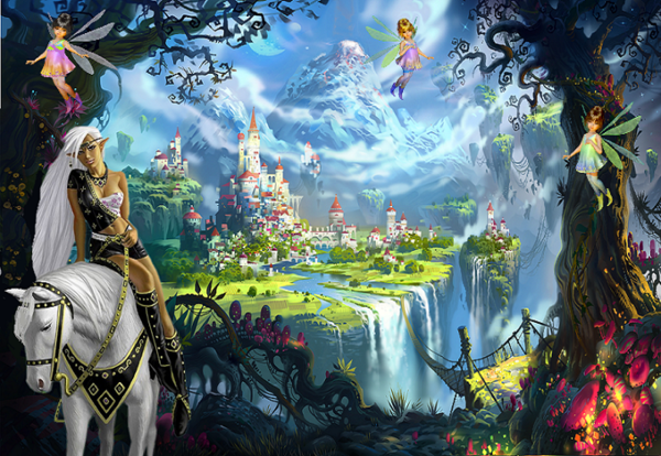 Paysage féerique avec lutine et elfes