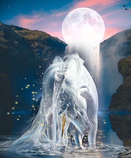 Licorne  blanche, lune et cascade