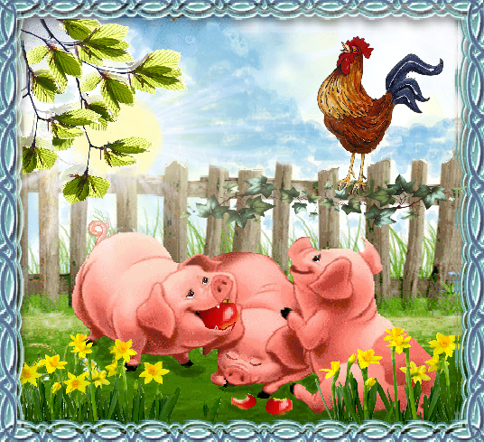 3 cochons, un coq et soleil levant.