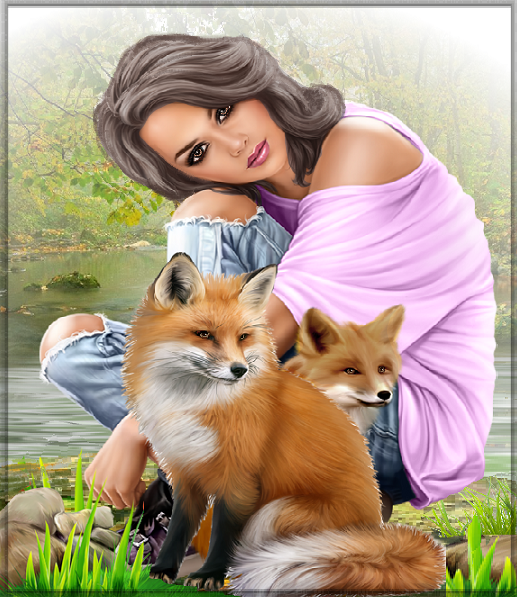 Jeune fille et deux renards dans la campagne