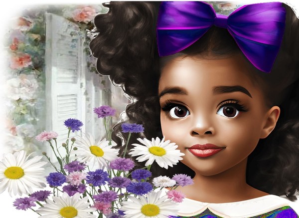 Belle petite fille noire au bouquet champêtre.