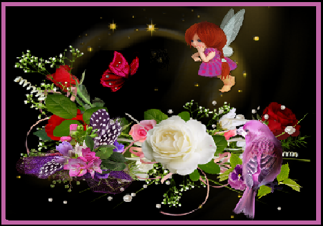 Petite fée et fleurs, papillon et oiseau roses