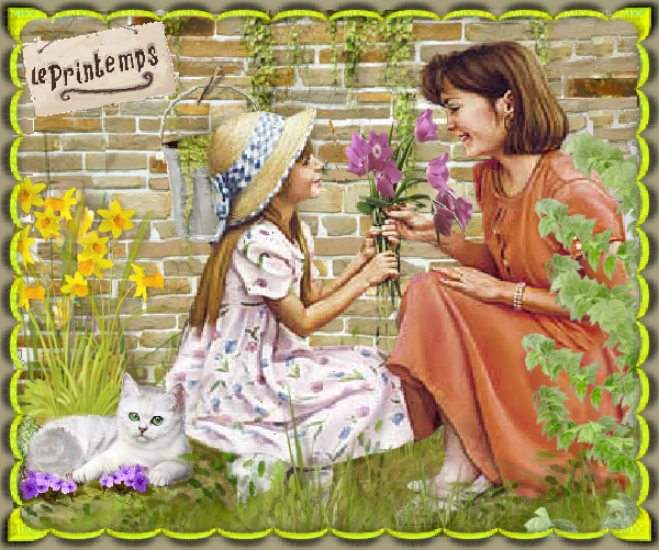 Le printemps/ Maman et sa fille, bouquet et chat