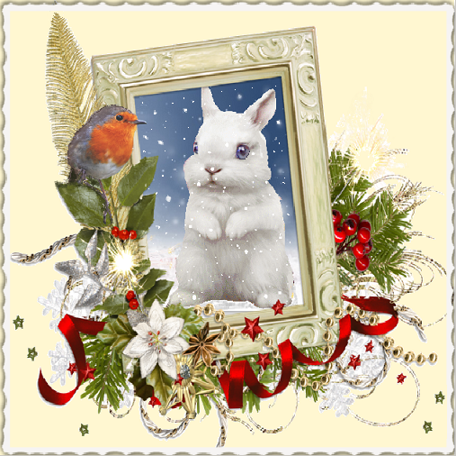 Décor fête, rouge gorge et petit lapin blanc