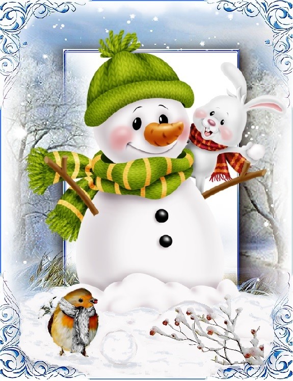 Bonhomme neige, lapin et oiseau.