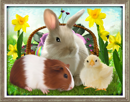 Lapin, cobaye et poussin au printemps