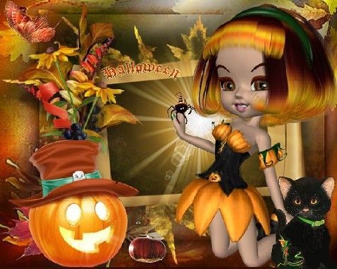 Fille citrouille rigolote,  avec son chat et décor Halloween