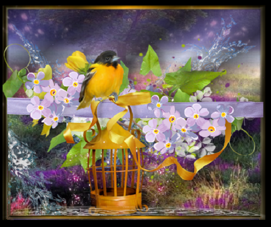 Oiseau jaune, lanterne, primevères mauves