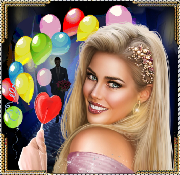 Couple en fête avec ballons, sucette  coeur etc.